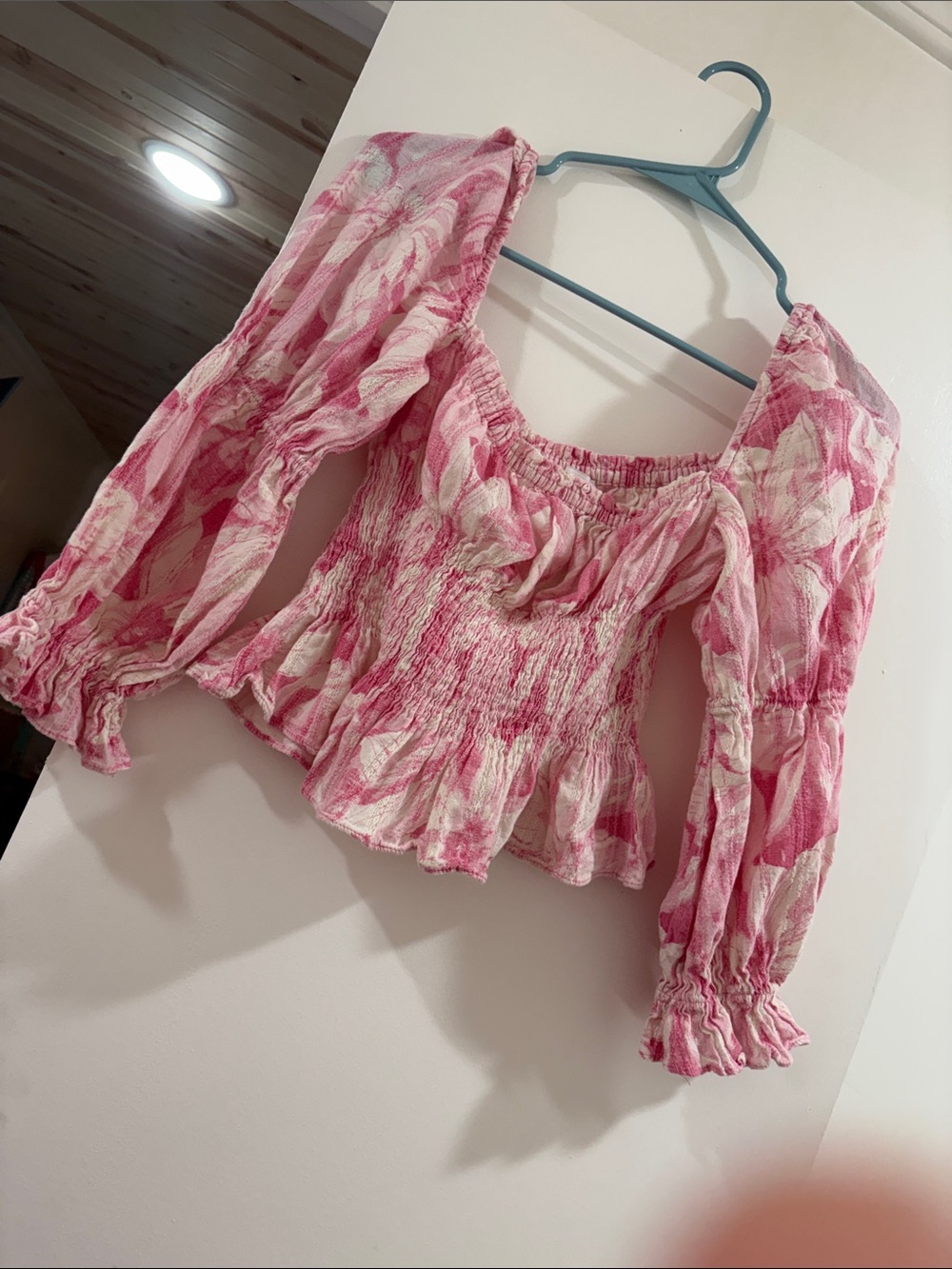 Pink Smocked Long Sleeve Peasant Top